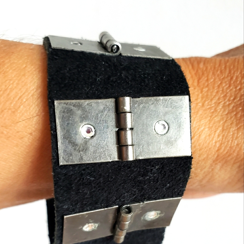 Suede Leather Industrial Bracelet Hinges Swarovski Magnetic Clasp Mid-Evil Goth